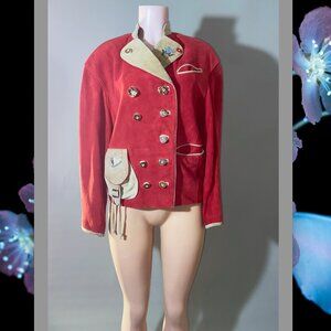 Meindl Red Double-Breasted Lined Leather Suede Octoberfest Jacket with Pockets